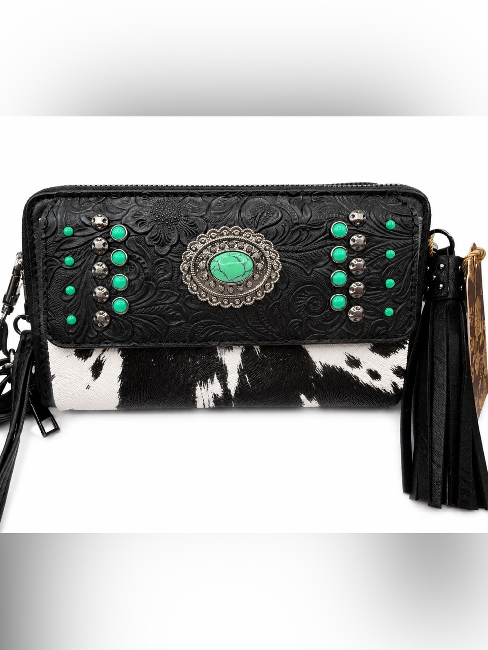 Black Tooled Leather Wristlet Clutch with Turquoise Accent